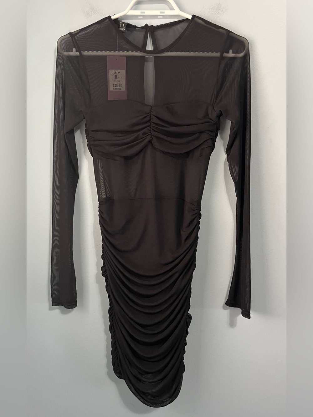 NWT Streetwear Society Black Sheer Mesh Ruched Long Sleeve Bodycon Dress Size S